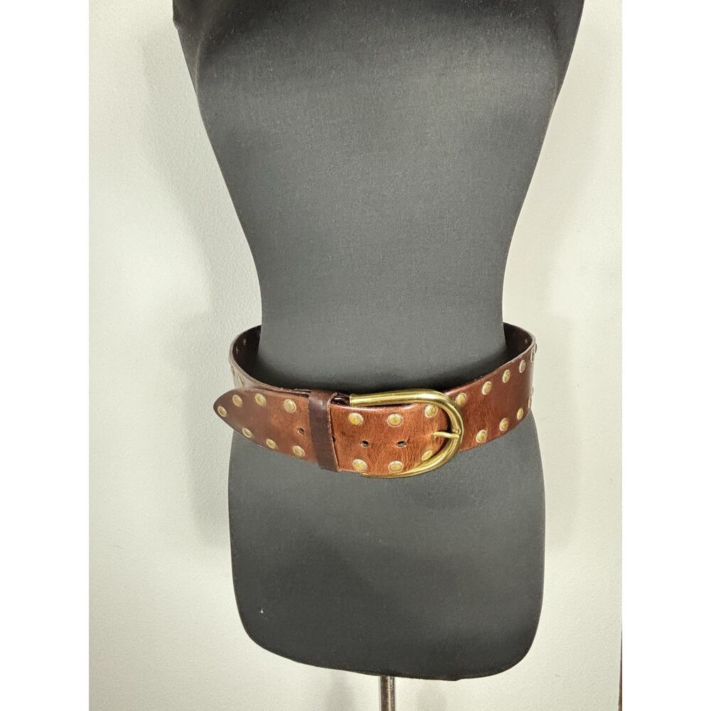 Linea Pelle Brown Leather Studded Wide Belt Brass Buckle Medium M Boho Western